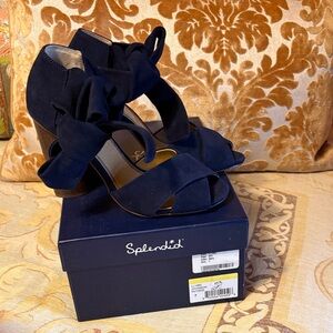 Splendid Women's Navy Suede Heels with wrap around ankle strap.